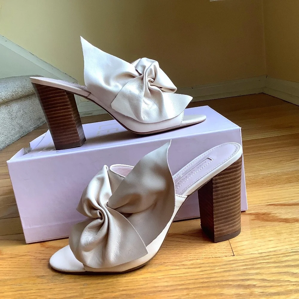 Avec Les Filles Marie Leather Bow Block-Heel Slide Sandals Pink Sand Nappa SZ 9